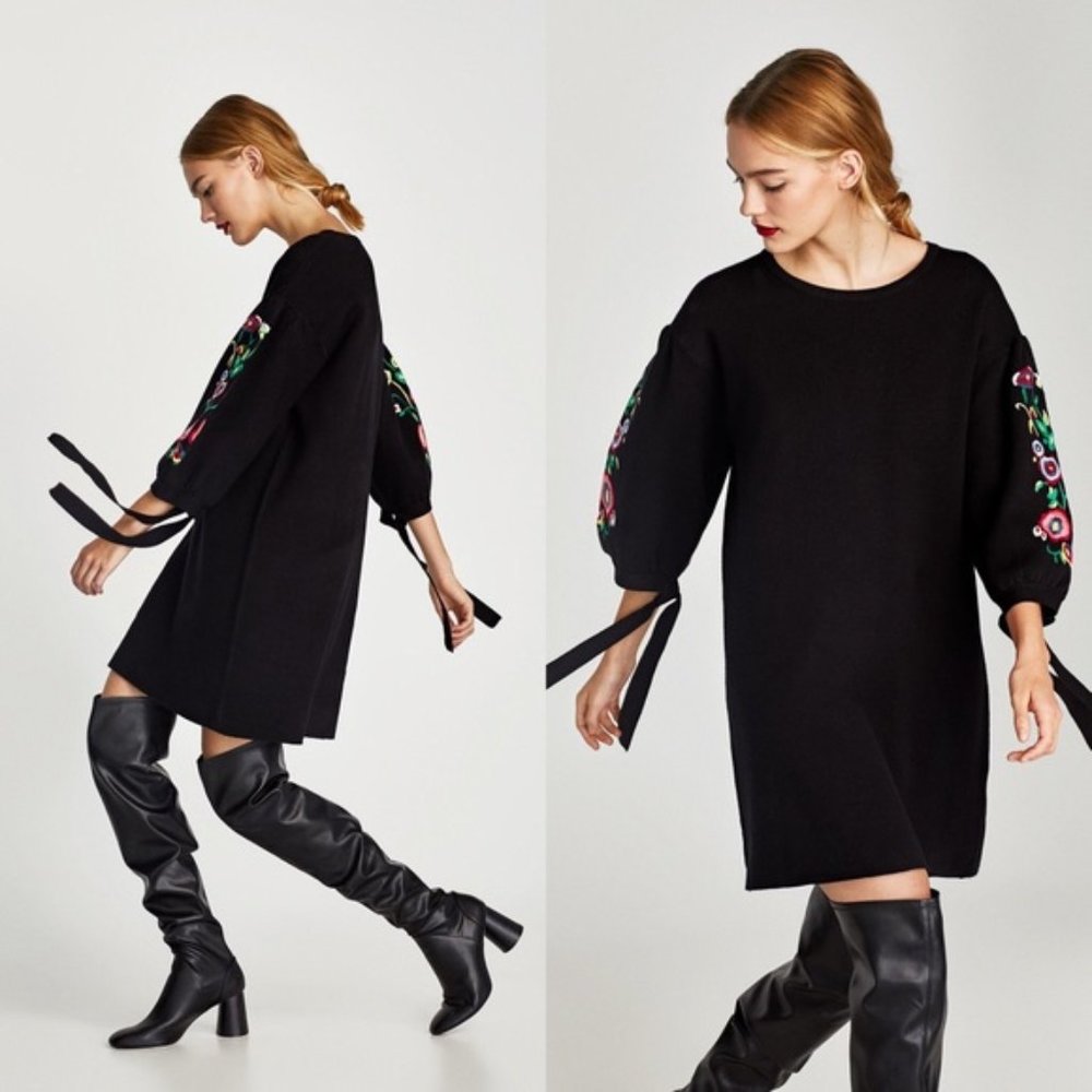 Zara | Embroidered Puff Sleeve Black Dress